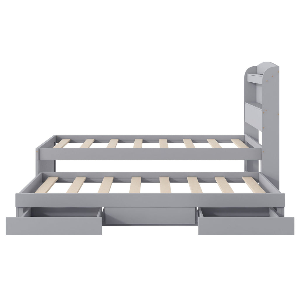 Platform Bed With LED Headboard, Charging Station, Trundle And 2 Drawers