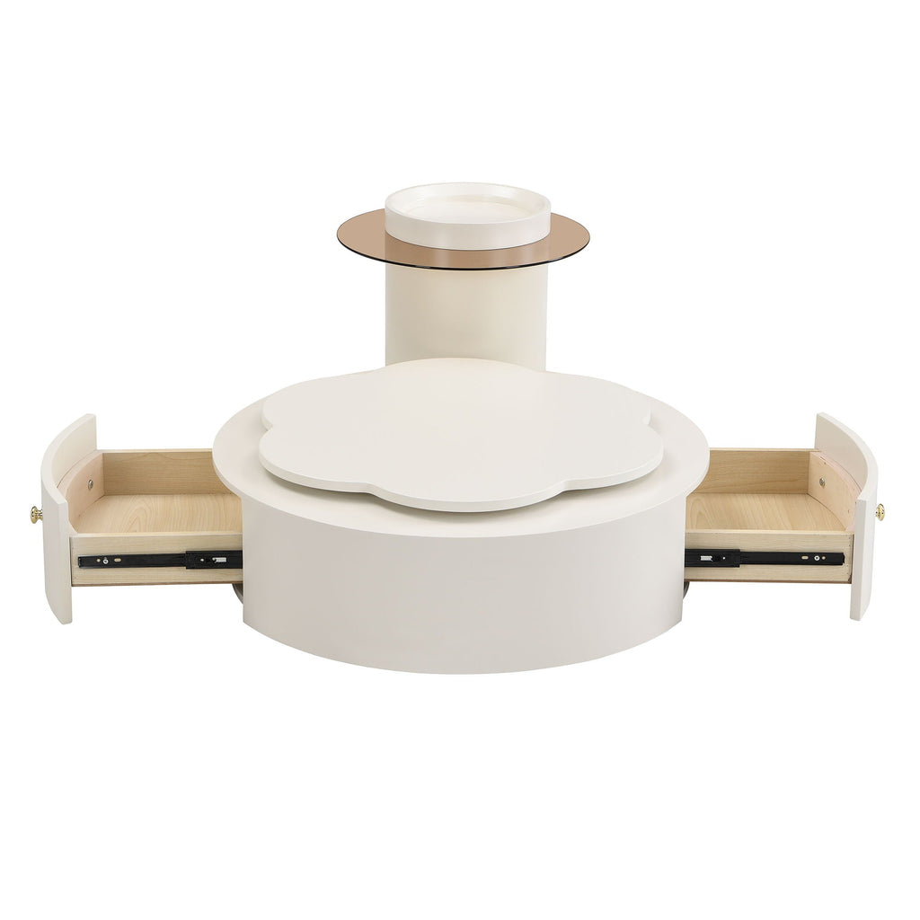 Modern Round Coffee Table (Set of 2), 360 Degree Rotatable Flower Shaped Top With 2 Drawers, Top Circle Side Table End Table With Glass For Living Room - Off White