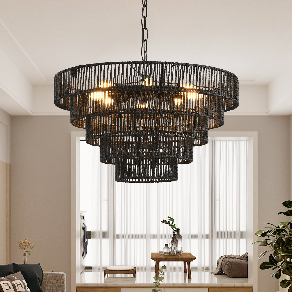 24" Rustic 5-Tier Black Hemp Rope Pendant Light Chandelier