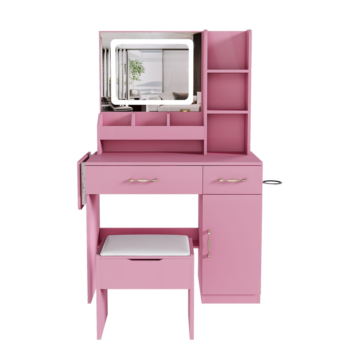 Vanity Desk With LED Mirror Lights And Power Outlet Charging Station, 3 Drawers, 7 Shelves, Storage Stool - Pink