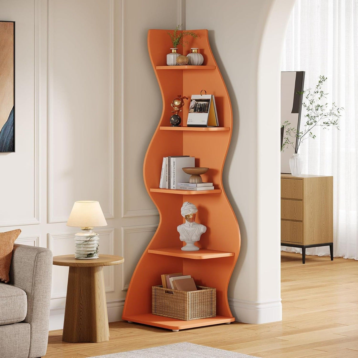5 Tier Wavy Corner Bookshelf And Plant Stand For Living Room