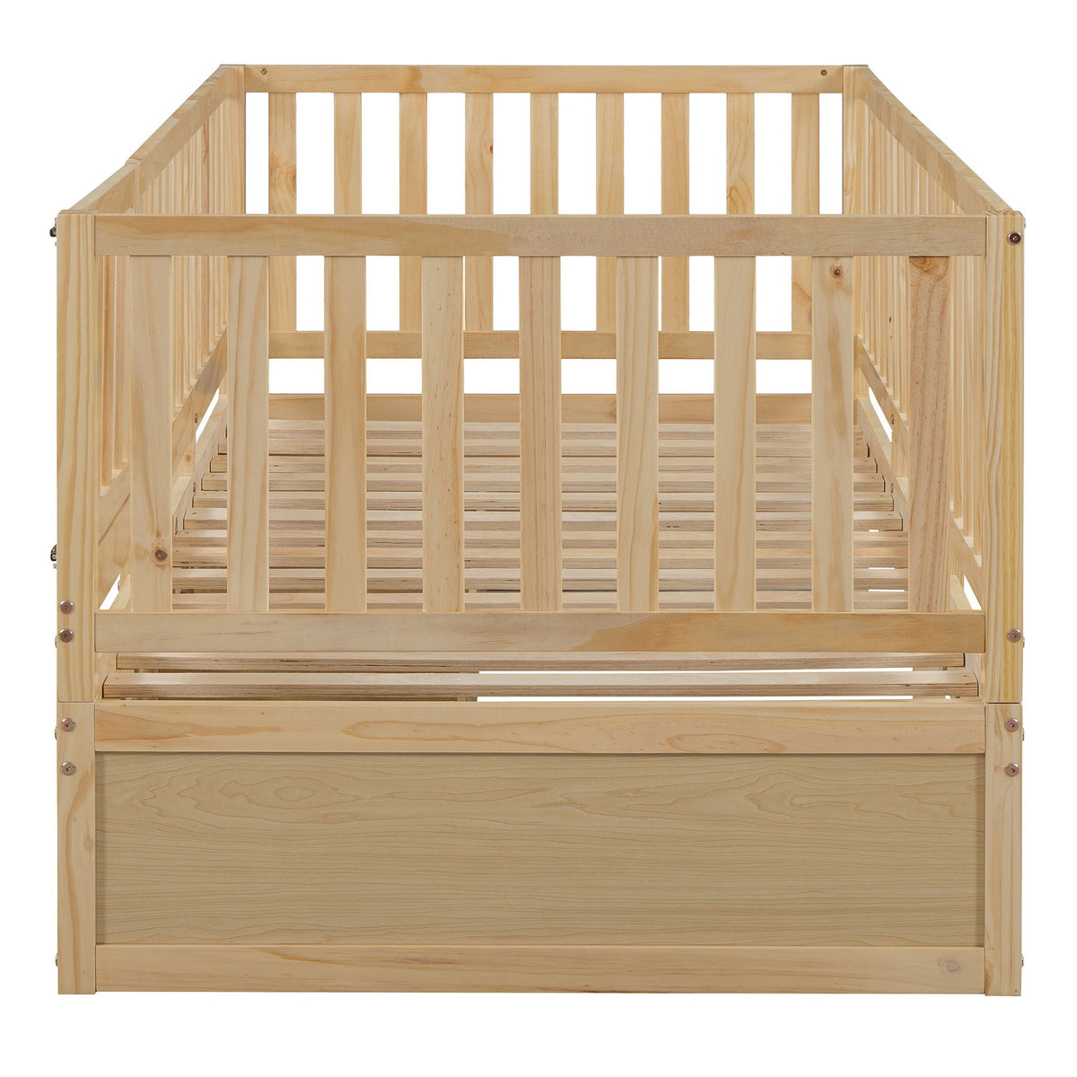 Daybed With Fence Guardrails And 2 Drawers, Split Into Independent Floor Bed & Daybed