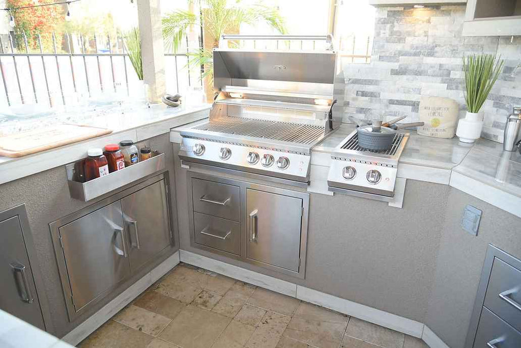 KoKoMo Bermuda Kitchen BBQ Island with Built-In TV, Fire Pit & Bar for Ultimate Outdoor Entertaining