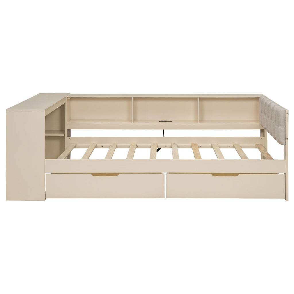 Upholstered Headboard Platform Bed With Storage Shelves, Drawers, Charging Station
