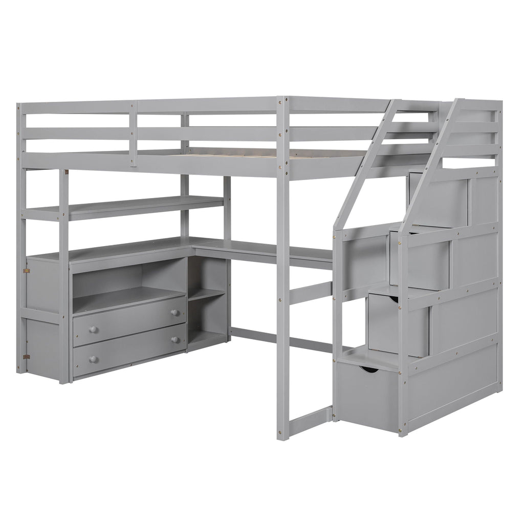 Loft Bed With Desk, Shelves, 2 Drawers, Storage Staircase