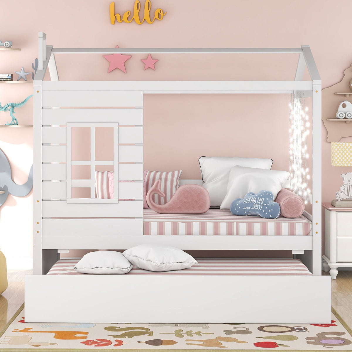 Twin Size Classic House Bed With Twin Size Trundle - White