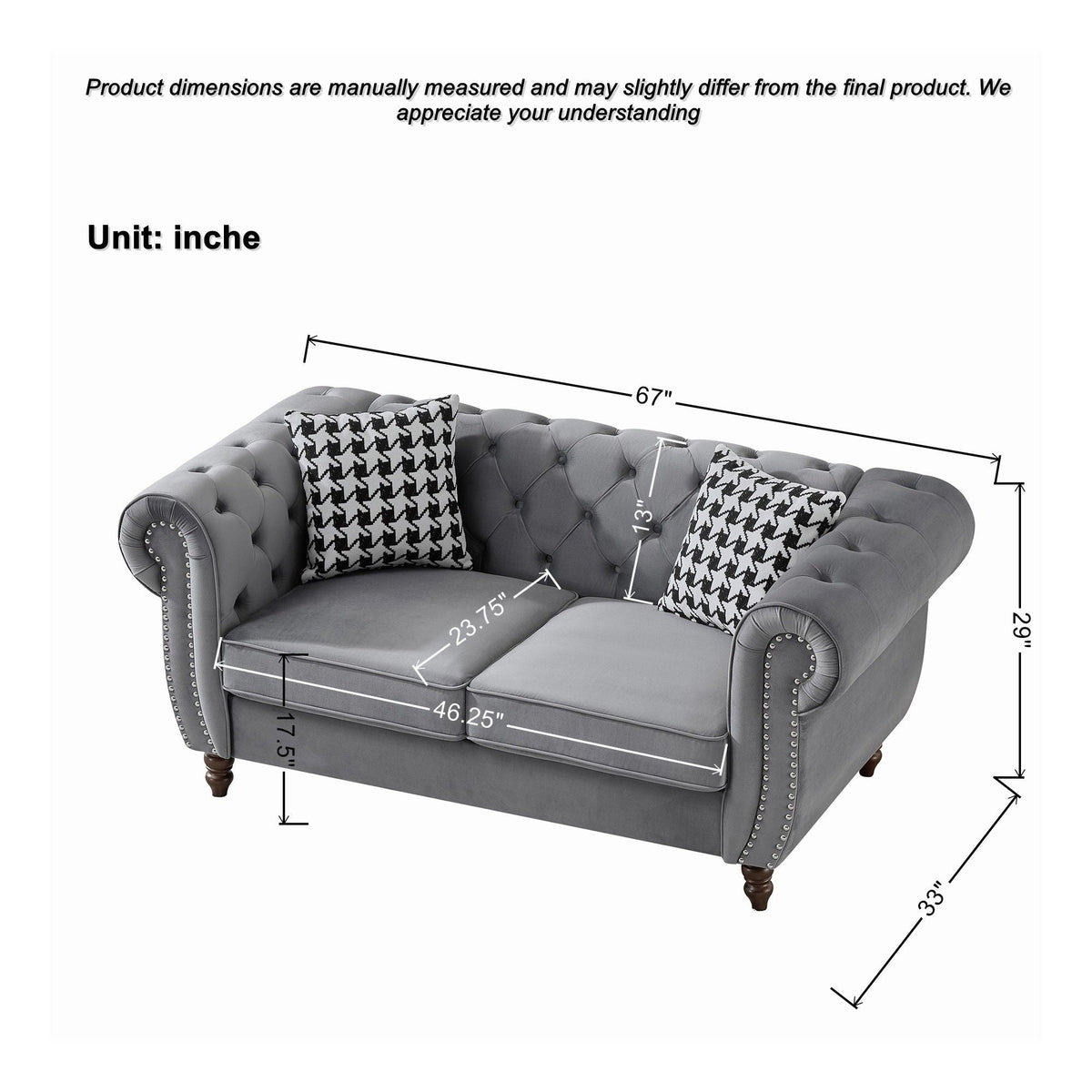 Chesterfield 3 And 2 Seater Upholstery Sofa With Roll Armrest & Nailhead Fabric Couch