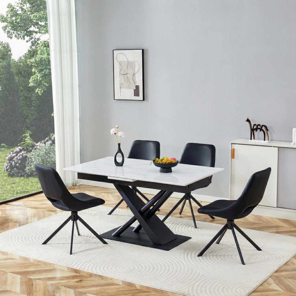 Dining Table With Geometric X Frame For Kitchen Or Dining Room - White Marble