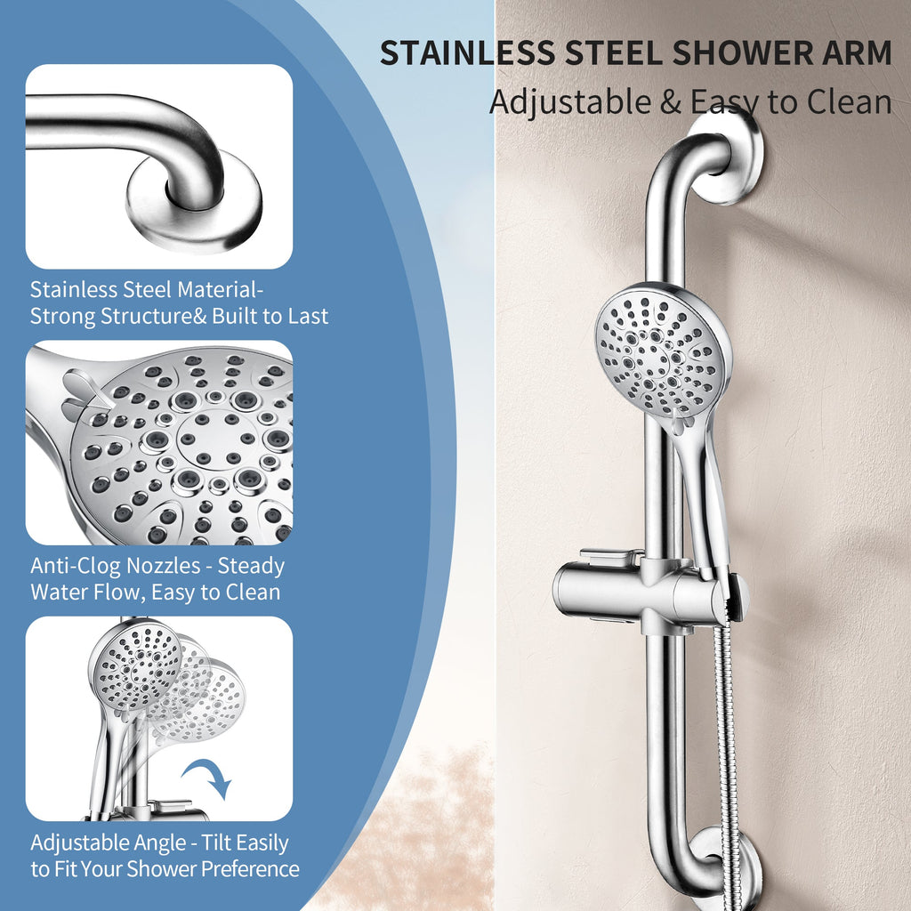 Stainless Steel Slide Bar Grab Rail Set  Includes Handheld Shower Head and 69'' Hose