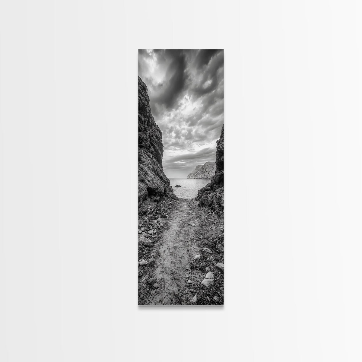 Rocky Pathway, Seaside Trail, Cloudy Horizon, Framed Canvas Print, Moody Coastal Wall Art, Nature Inspired, Monochrome Travel Decor