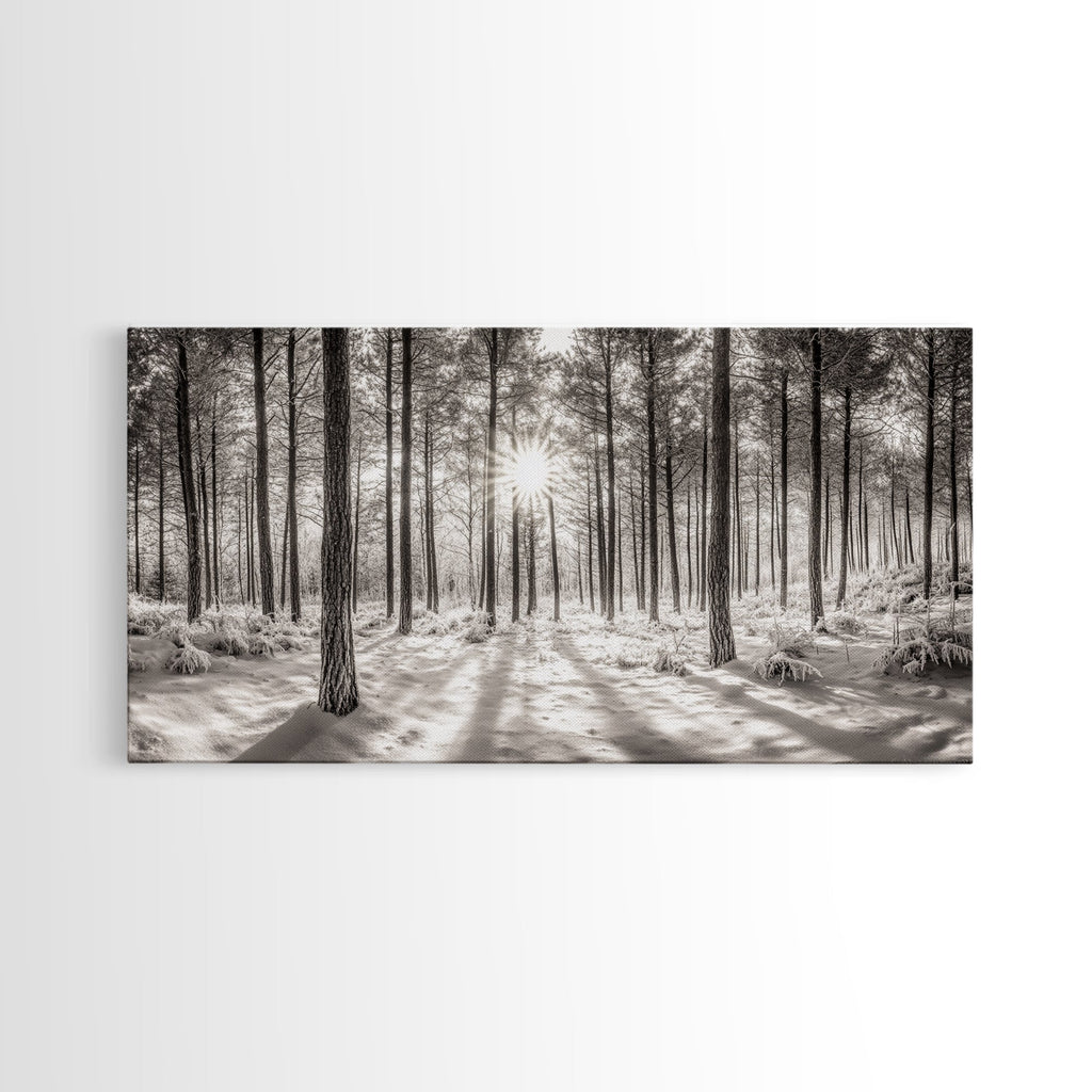 Winter Pine Forest, Sunlight Snow Trees, Nature Landscape Photography, Framed Canvas Print, Cabin Decor, Minimalist Wall Art