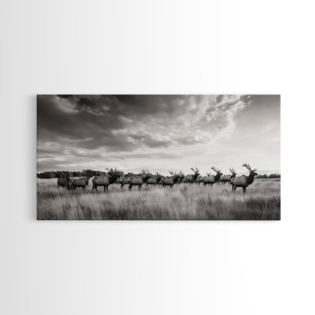Elk Herd, Prairie Wildlife, Autumn Nature, Rustic Landscape, Framed Canvas Print, Western Wall Decor, Cabin Art, Living Room Print