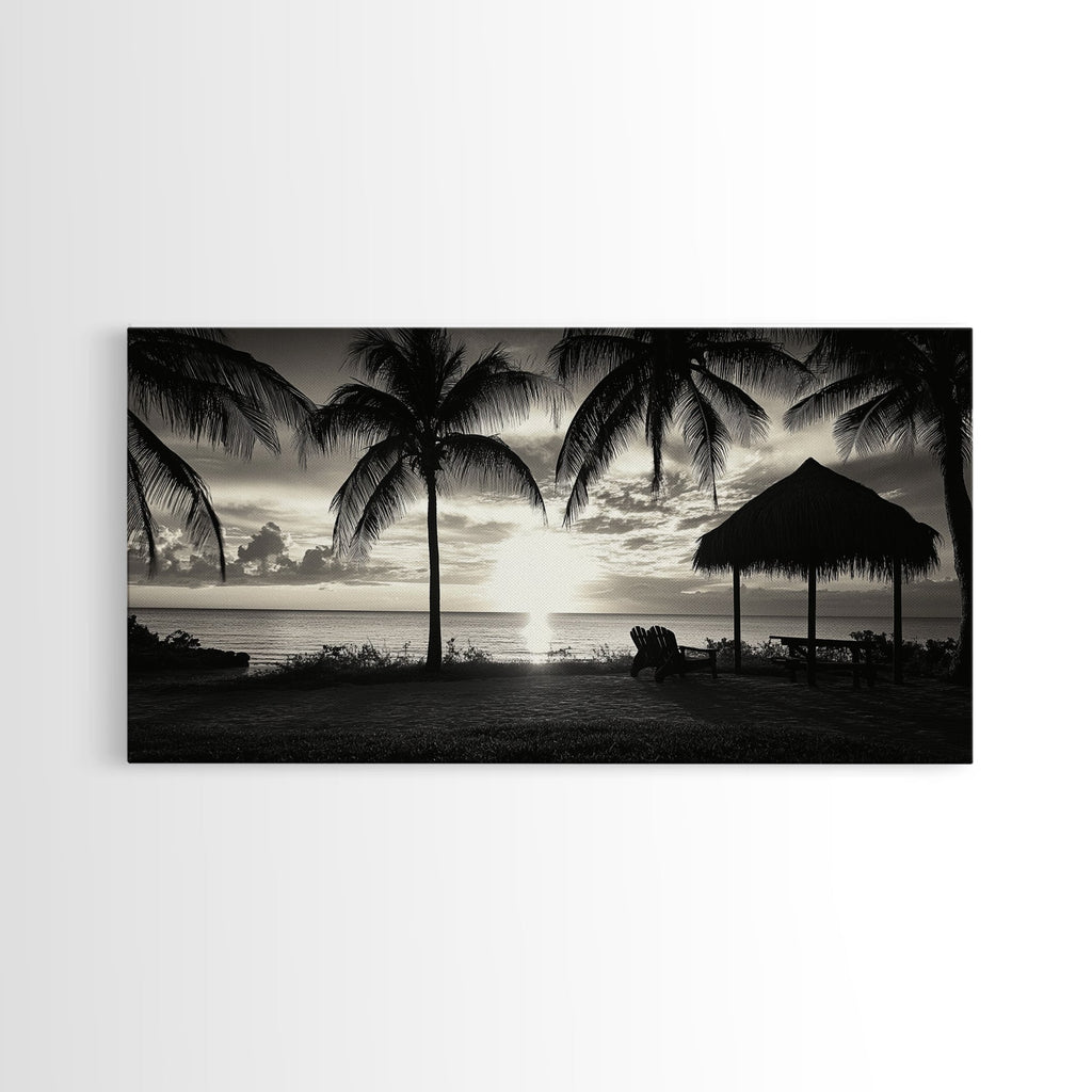 Palm Trees, Beach Sunset, Ocean View, Tiki Hut, Framed Canvas Print, tropical wall art, beach house decor, living room boho art