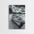 Abandoned Rowboat, Tropical Coastline, Vintage Travel Vibes, Black and White Canvas Print, Beach House or Coastal Living Wall Art