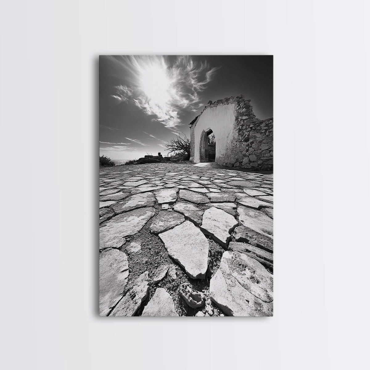 Desert Archway, Stone Ruins, Sunny Sky, Canvas Print, Rustic Travel Wall Art, Mediterranean Decor, Minimalist Earthy Aesthetic