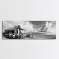 Seaside Bar, Beach Café, Oceanfront Dining, Cloudy Sky, Framed Canvas Print, Kitchen Wall Art, Black and White Tropical Art, Travel Decor