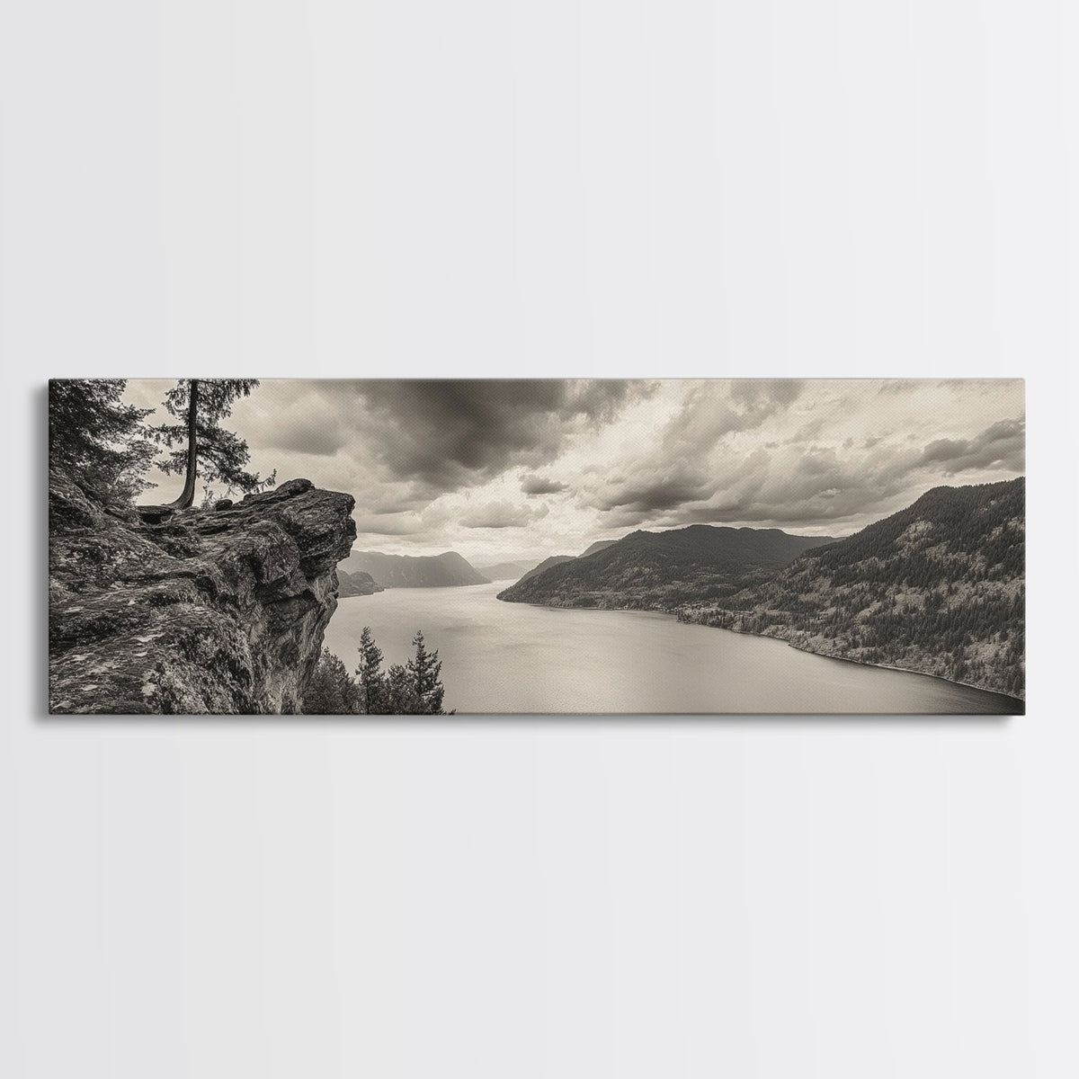 River Cliff View, Forested Mountains, Timeless Horizon, Framed Canvas Print, Living Room Wall Art, Cabin Rustic Decor, Moody Nature Art