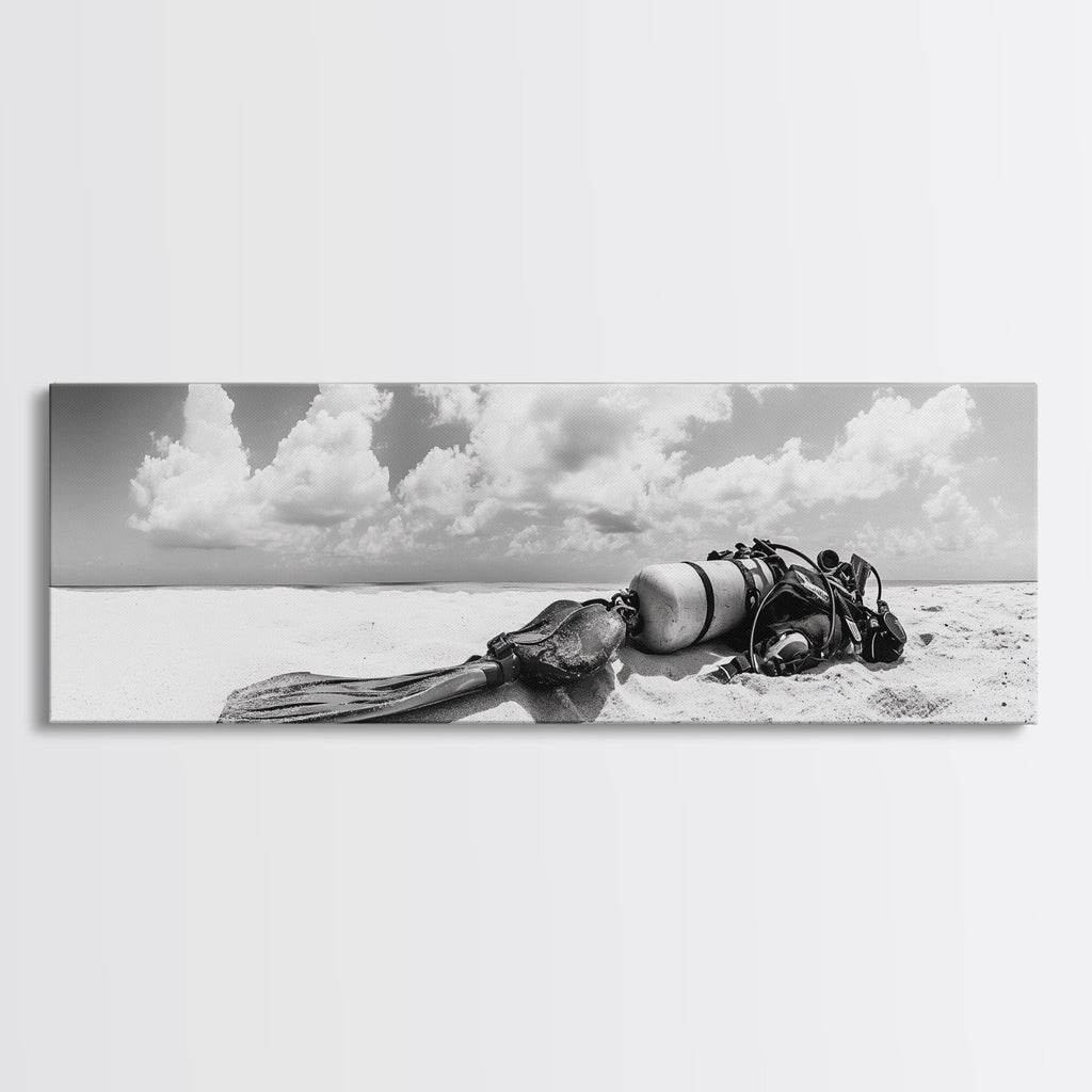Scuba Gear, Deserted Beach, Ocean Explorer, Framed Canvas Print, minimalist beach decor, scuba diver gift, ocean wall art, travel lover art