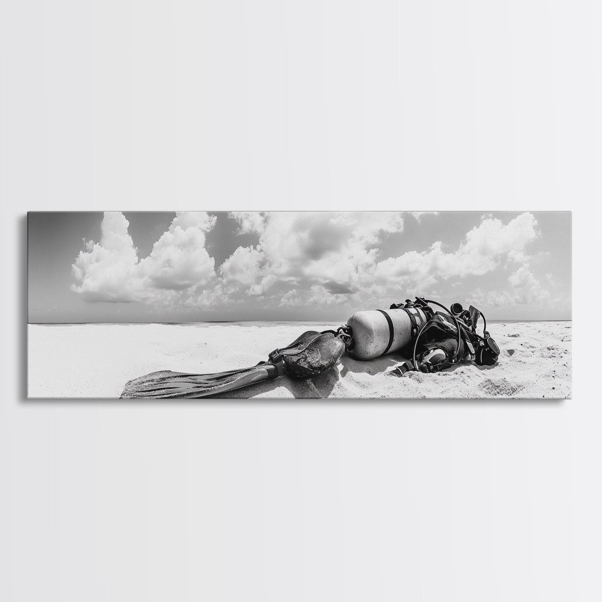 Scuba Gear, Deserted Beach, Ocean Explorer, Framed Canvas Print, minimalist beach decor, scuba diver gift, ocean wall art, travel lover art