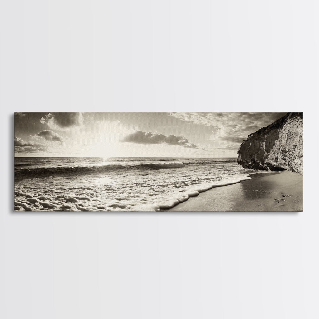 Cliff Coastline, Ocean Sunset, Beach Waves, Framed Canvas Print, seascape wall art, coastal bedroom decor, relaxing nature vibe, neutral art