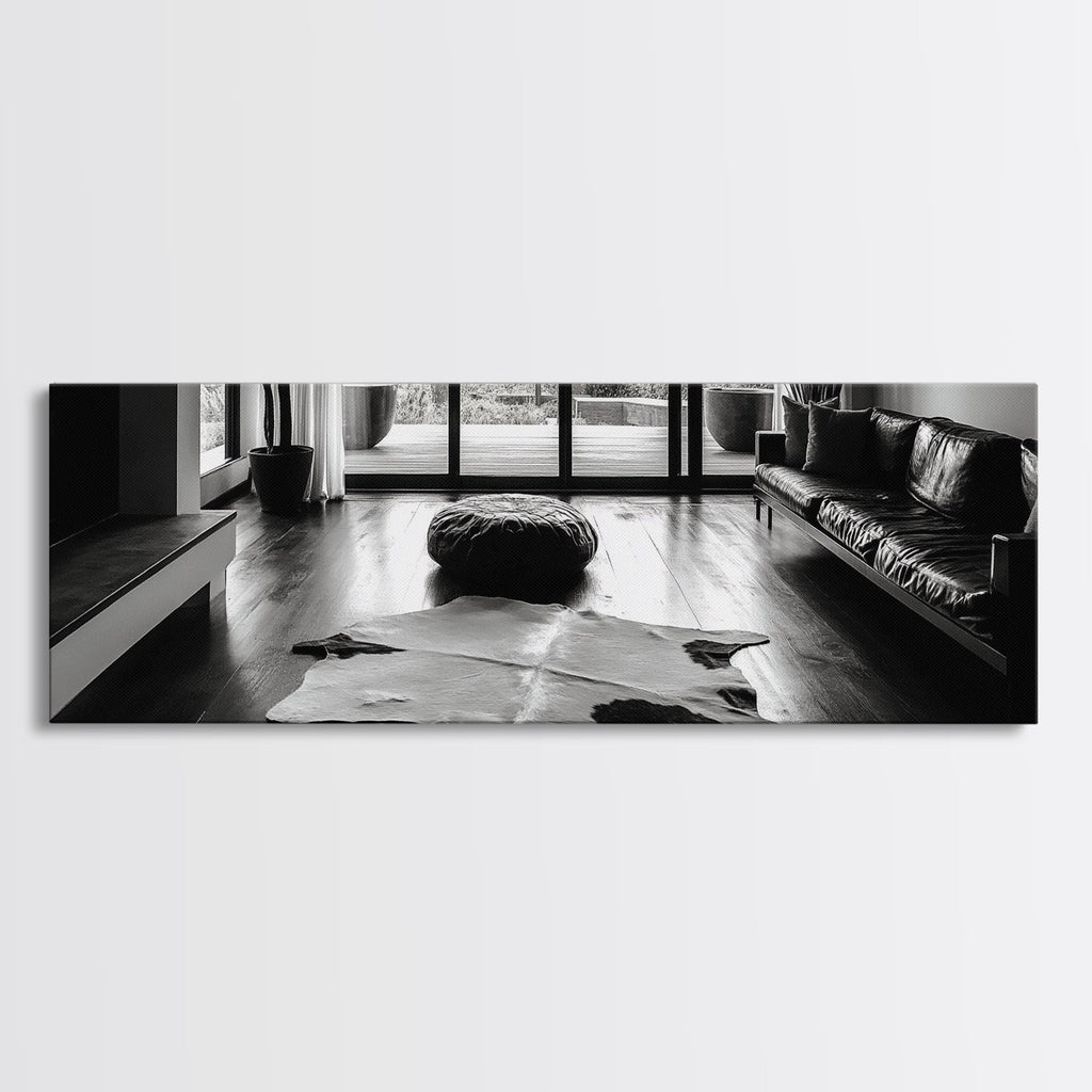 Modern Living, Minimalist Decor, Cowhide Rug, Framed Canvas Print, Neutral Aesthetic Wall Art, Luxury Living Room Design Accent