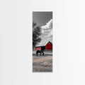 Red Barn, Black Horse, Country Charm, Rustic Farm Framed Canvas Print, farmhouse wall decor, autumn art, rustic bedroom wall art