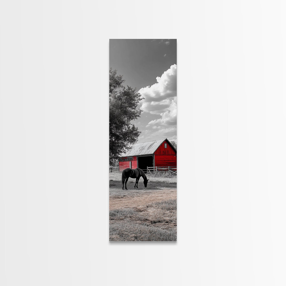 Red Barn, Black Horse, Country Charm, Rustic Farm Framed Canvas Print, farmhouse wall decor, autumn art, rustic bedroom wall art