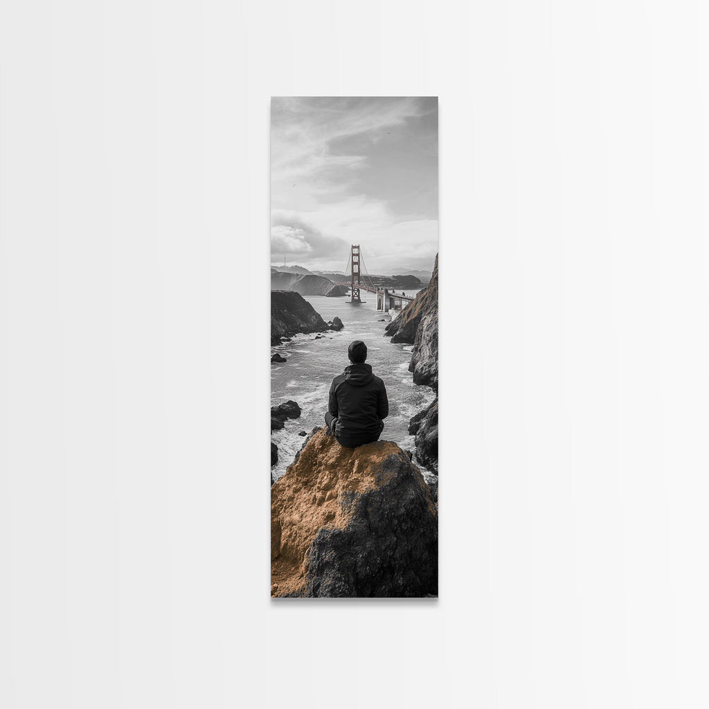 Golden Gate, Solitude View, Man on Cliff, Iconic Bridge, Framed Canvas Print, Travel Wall Art, Office Inspiration, Moody Coastal Decor