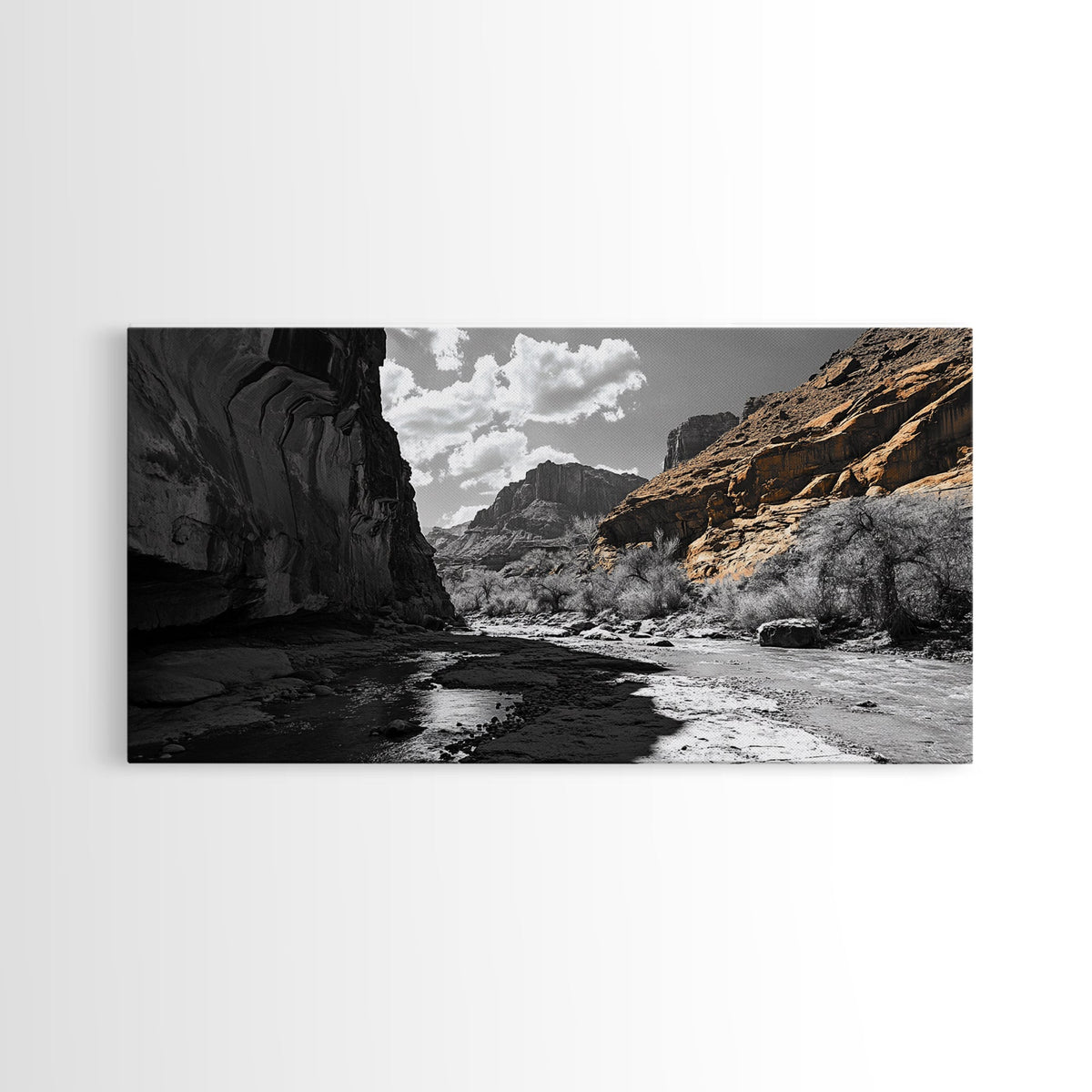 Desert Canyon, River Shadows, Rock Formations, Wild Terrain, Framed Canvas Print, Nature Wall Art, Earth Tone Decor, Living Room Style