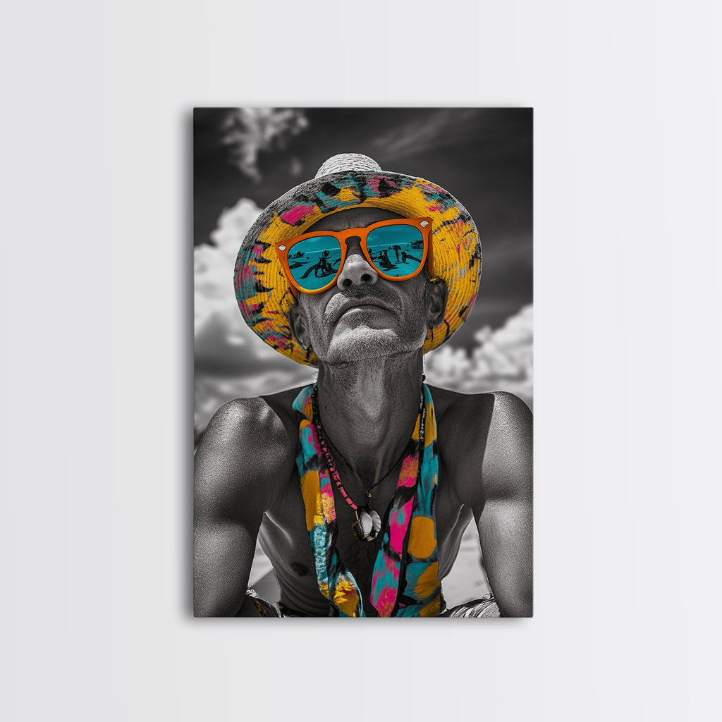 Beach Guy Portrait, Summer Sunglasses, Boho Vibe, Framed Canvas Print, Surf Shack Decor, Eclectic Wall Art, Travel Inspired Design