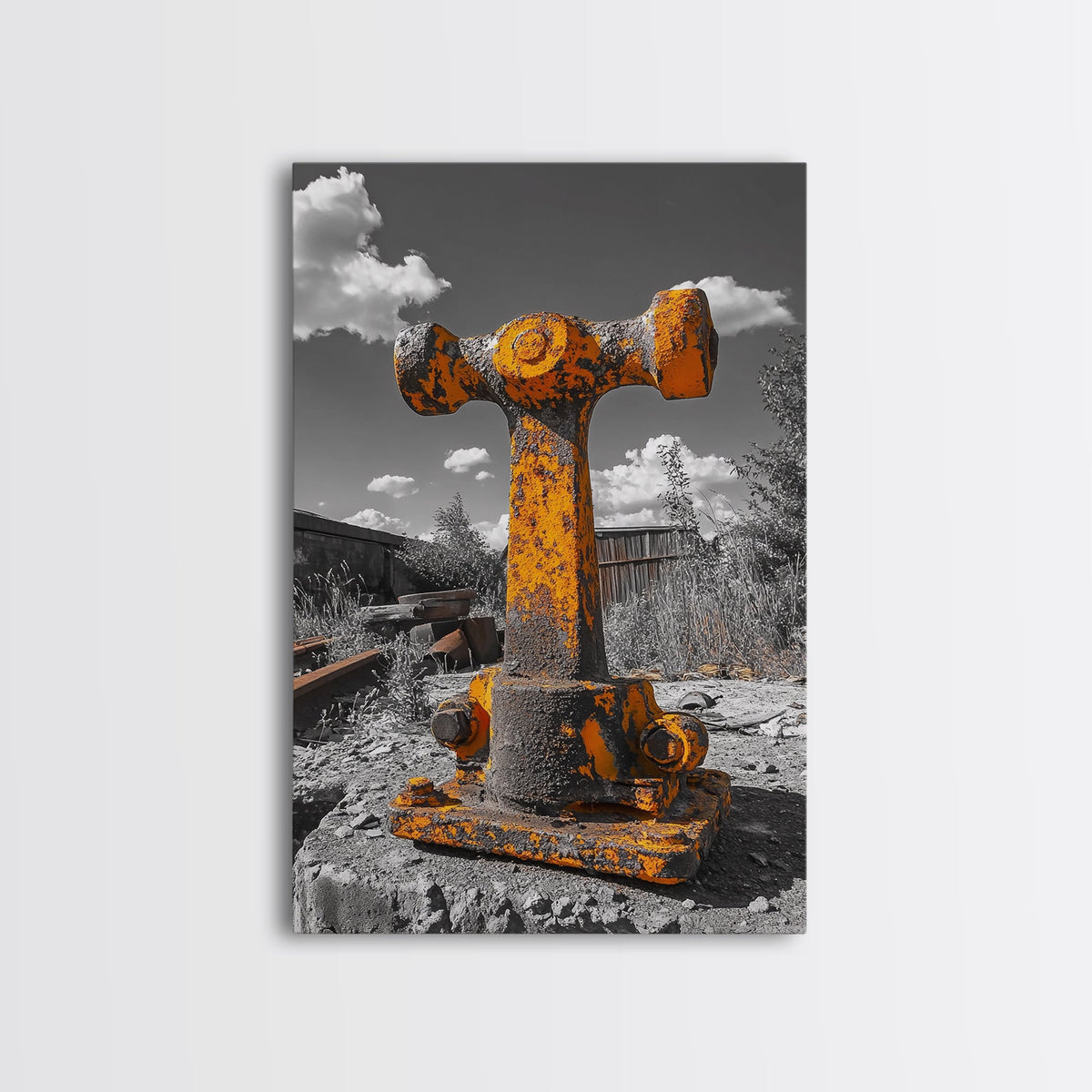 Rusty Bolt, Yellow Steel, Industrial Contrast, Framed Canvas Print, Garage Decor, Workshop Wall Art, Urban Grunge Photography