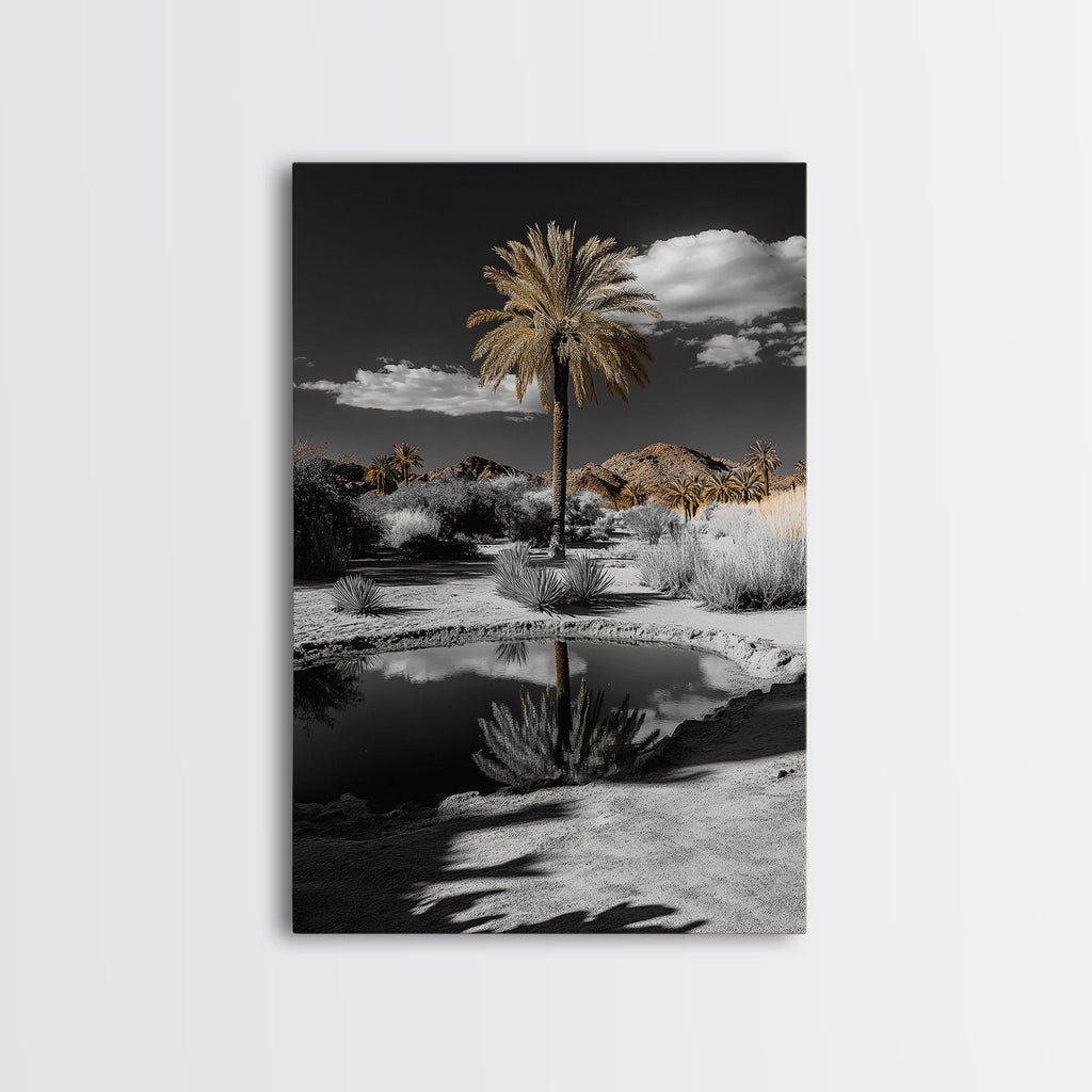 Palm Tree, Desert Oasis, Reflection Pond, Framed Canvas Print, Tropical Wall Art, Boho Decor, Minimalist Landscape Photography