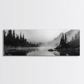 Foggy Pines, Mountain Reflection, Monochrome Wilderness, Canvas Print, black and white wall art, cabin decor, minimalist forest scene