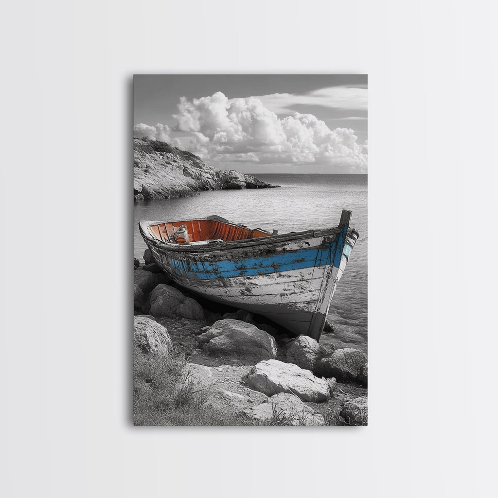 Rustic Boat Painting, Coastal Decor, Nautical Wall Art, Seascape Painting, Beach House Art, Gift Idea, Canvas Print, Wabi Sabi Art
