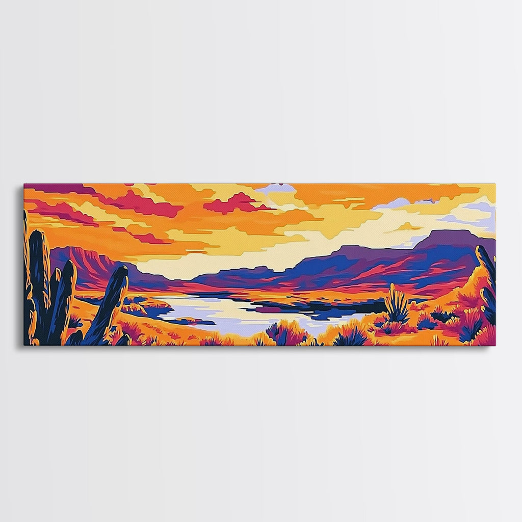 Desert Landscape Art, Joshua tree art, southwest wall art, extra wide art, panoramic painting, framed canvas print, rustic wall art, sunset painting