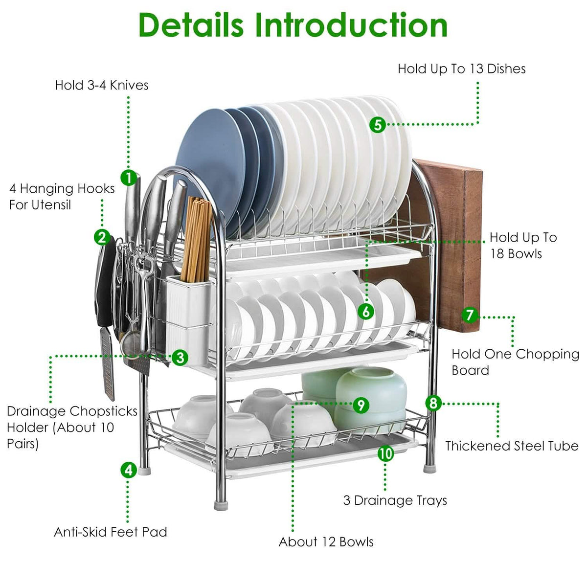 3-Tier Dish Drying Rack Shelf with 3 Drain Trays Chopping Board