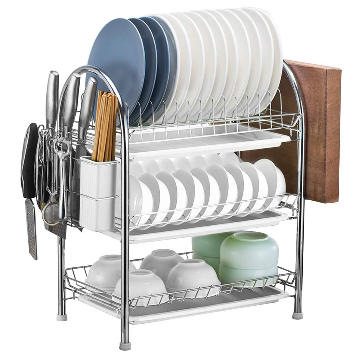 3-Tier Dish Drying Rack Shelf with 3 Drain Trays Chopping Board