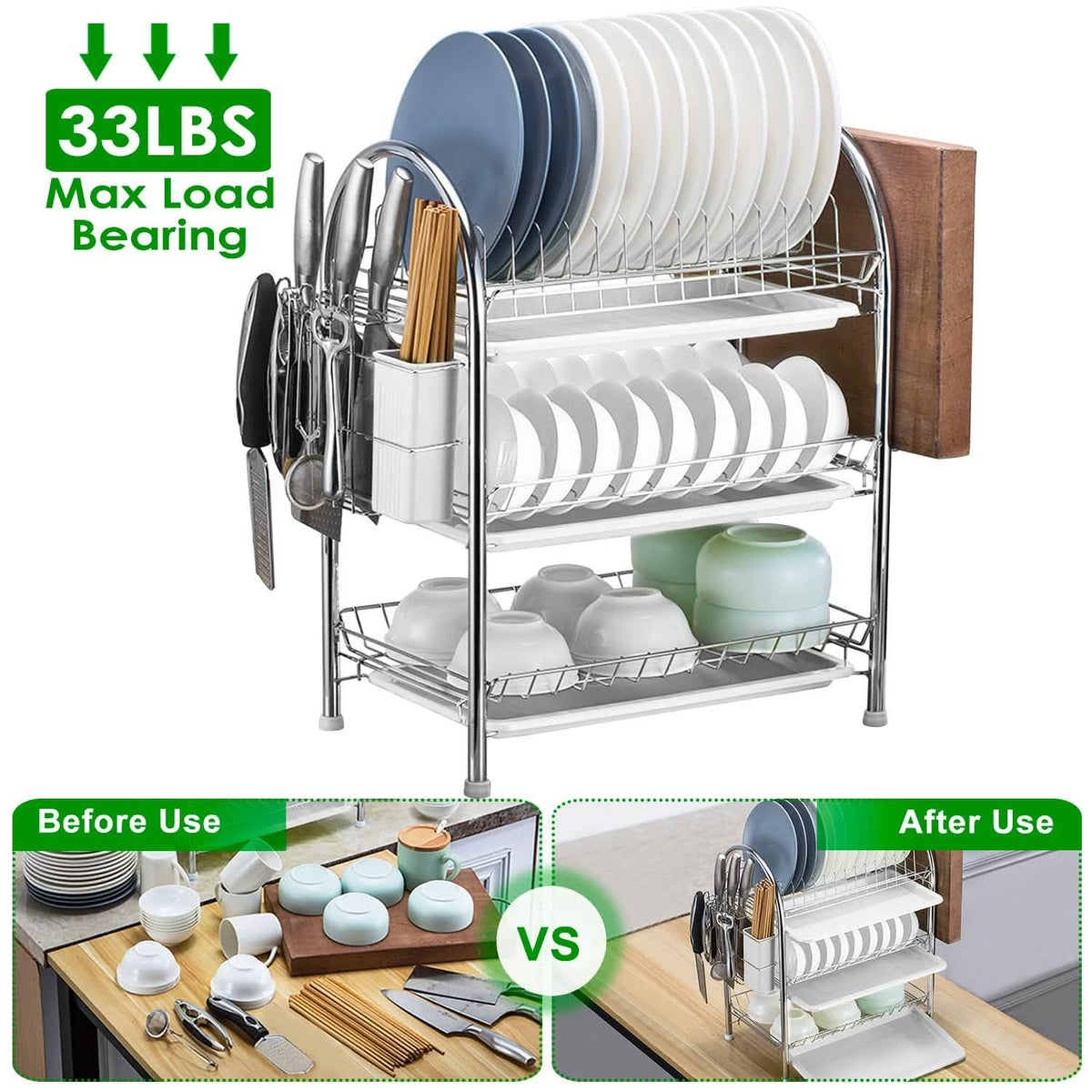 3-Tier Dish Drying Rack Shelf with 3 Drain Trays Chopping Board
