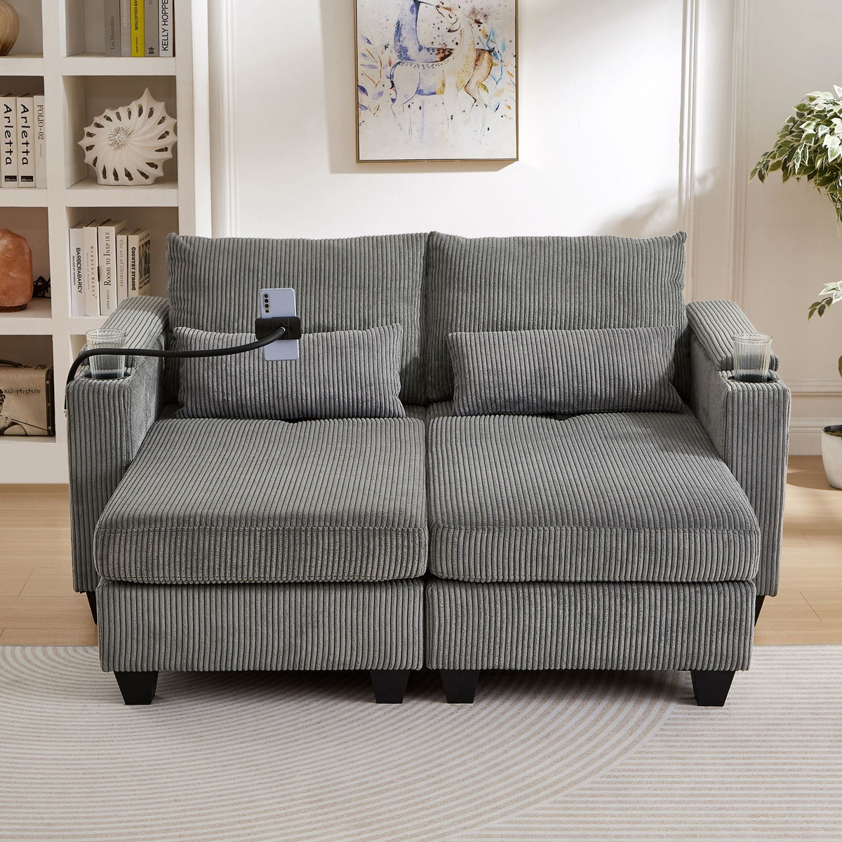 Convertible Chaise Lounge Sofa Chair With USB Ports, Cup Holders, Phone Holder And Storage