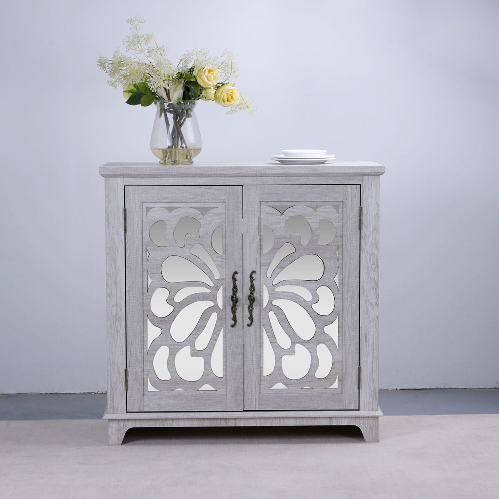 Elegant Sideboard With 2 Acrylic Mirrored Doors, Adjustable Shelf Storage
