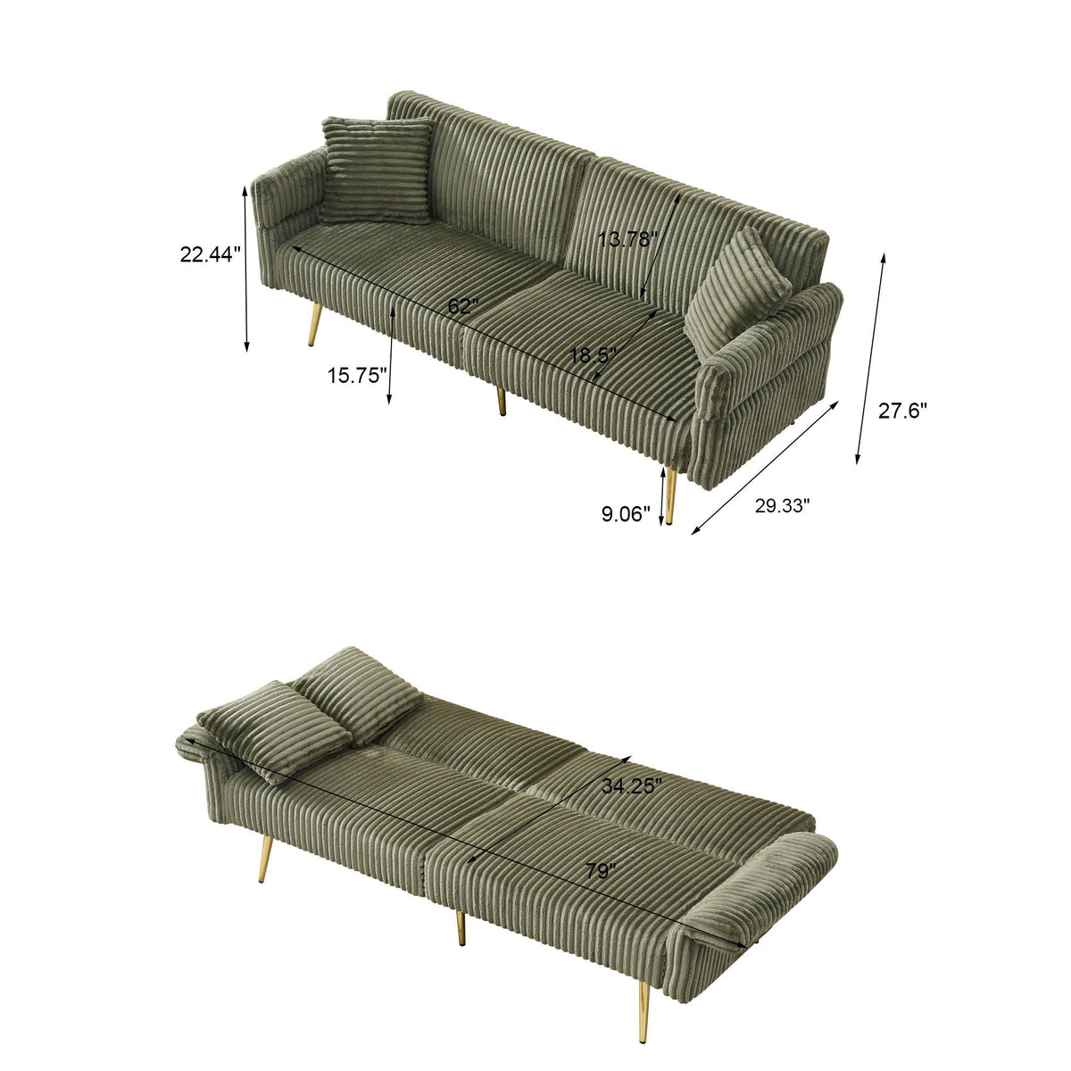 Luxury Foldable Double Sofa Bed With Folding Armrests