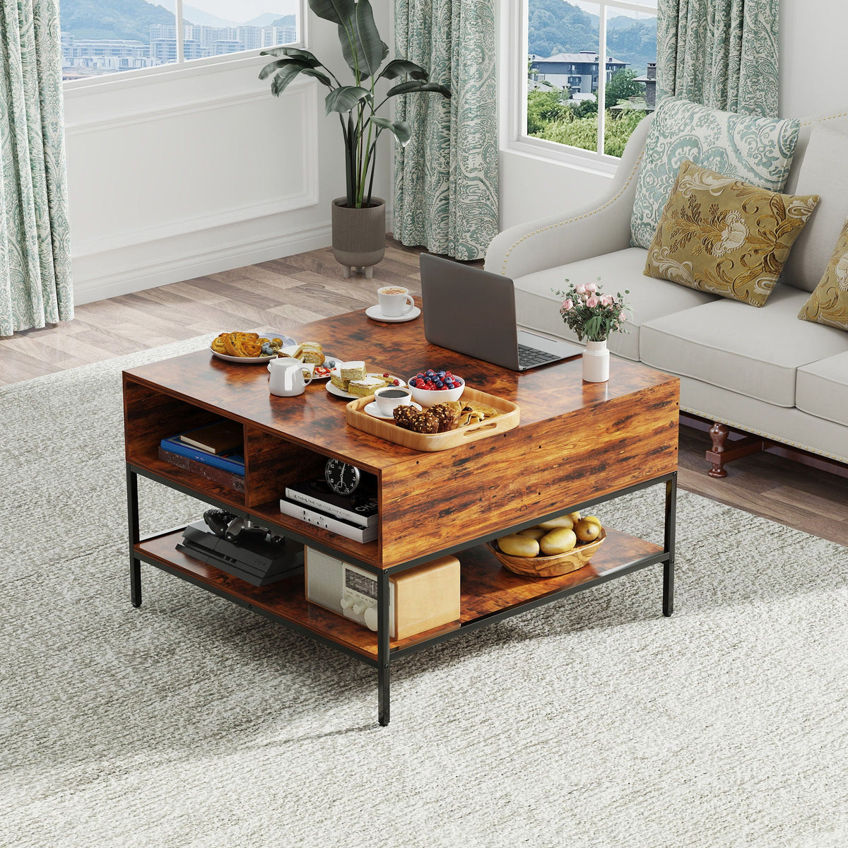 Flip-Top Coffee Table With Storage Lift-Top Design With Hidden Compartment - Black