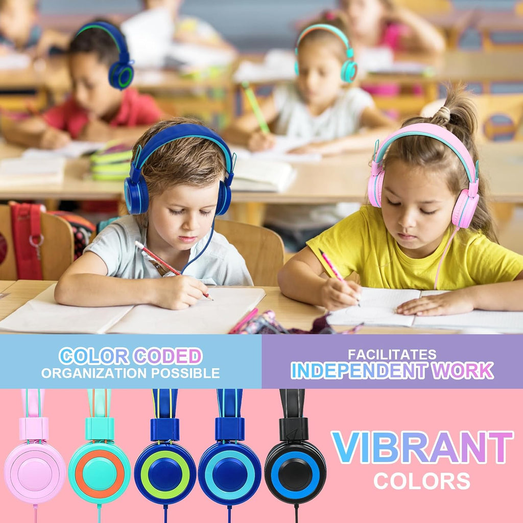 10 Pack Classroom Headphones Bulk for K-12 School Kids, Class Set Headphones for Students Teens Library Computer Testing Centers (Mixed Color with Microphone)