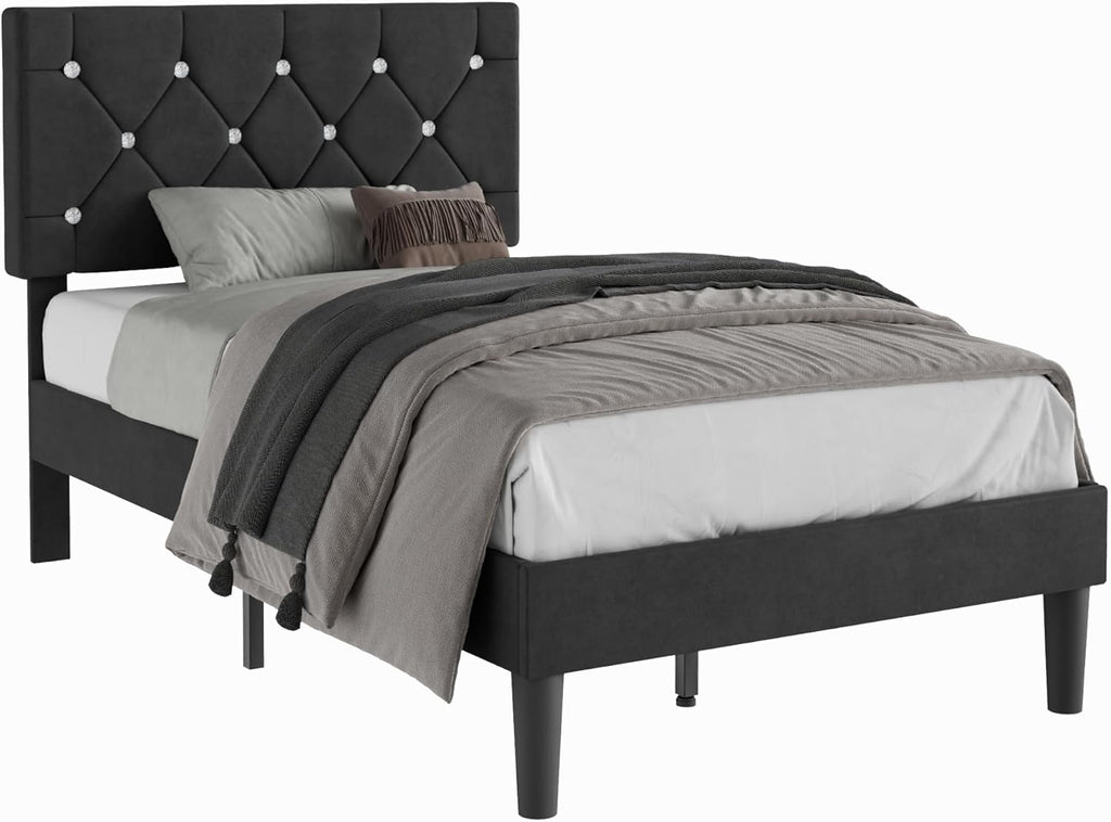 Twin Size Bed Frame, Upholstered Platform with Adjustable Diamond Tufted Headboard, Wood Slat Support, No Box Spring Needed, Velvet & Black