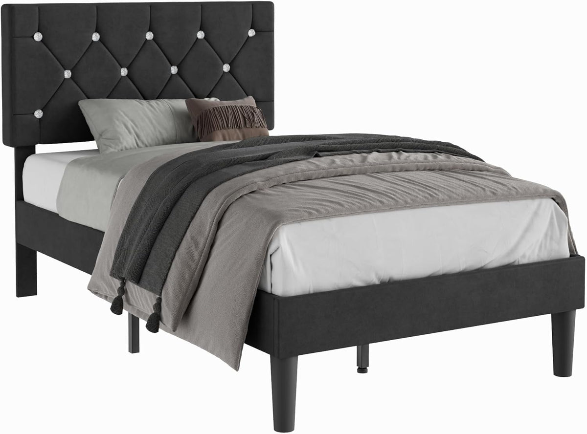 Twin Size Bed Frame, Upholstered Platform with Adjustable Diamond Tufted Headboard, Wood Slat Support, No Box Spring Needed, Velvet & Black