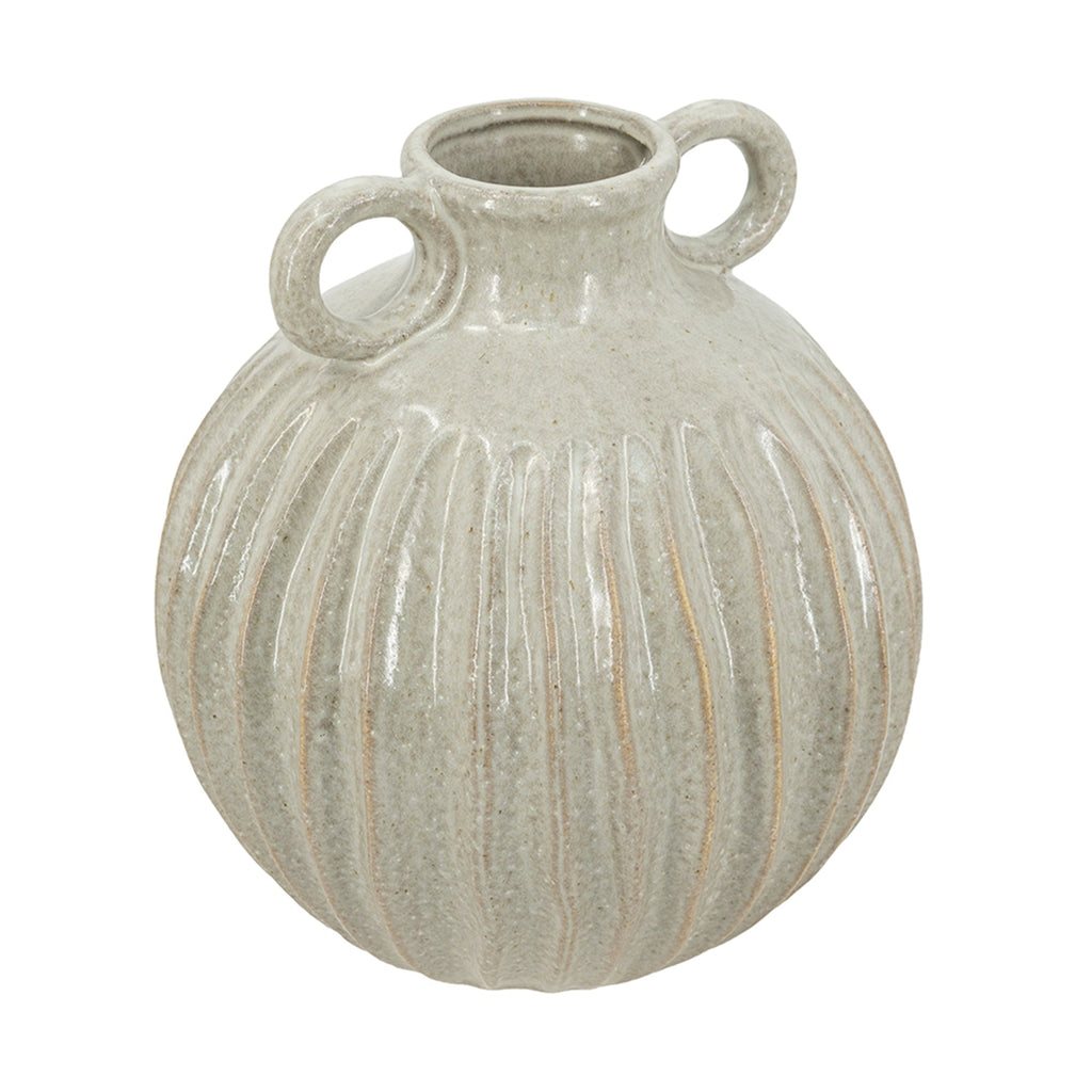 9x9x10' Decorative Round Ceramic Flower Vase with Small Handles and Textured Motif, Gold