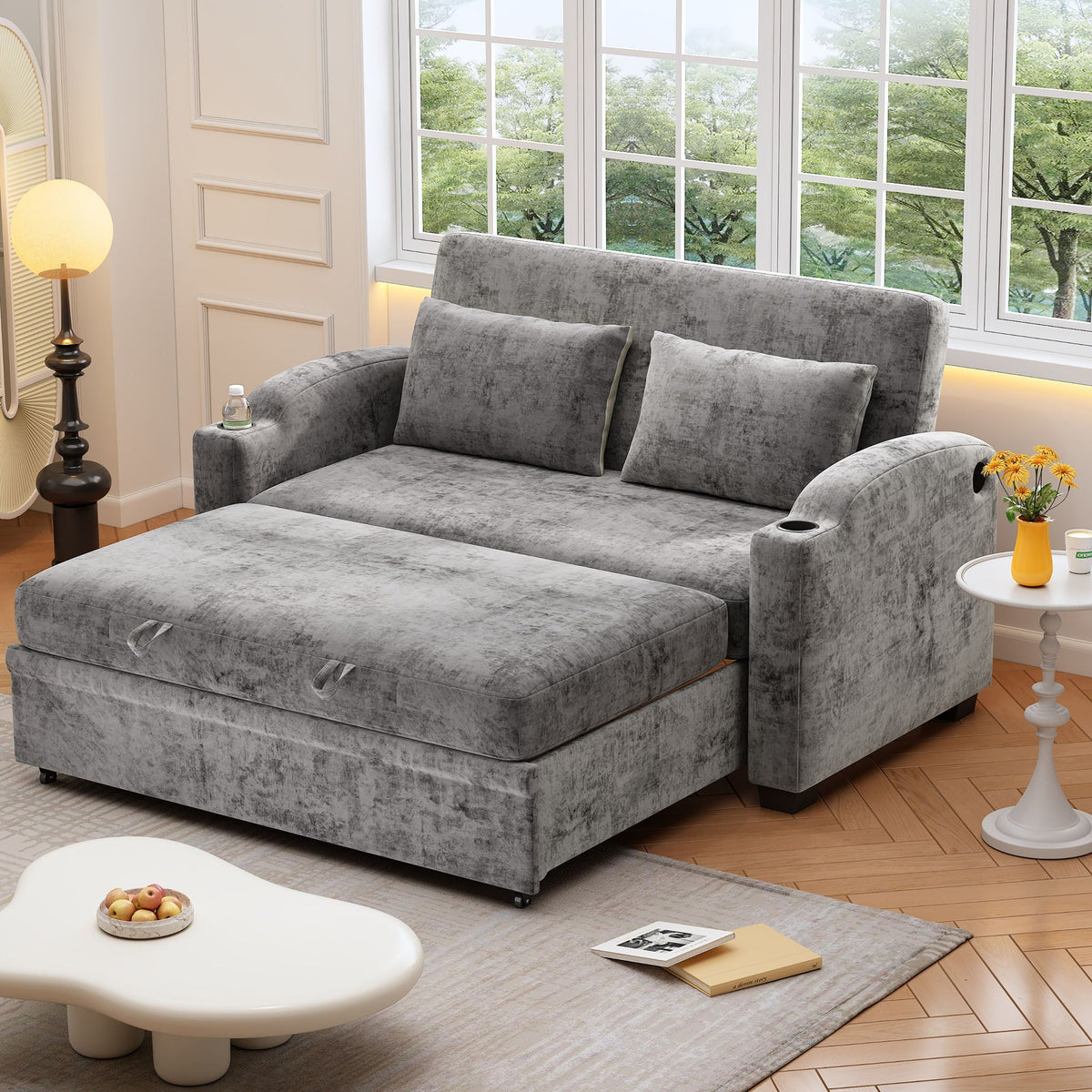 Pull Out Loveseat Sofa With Adjsutable Backrest, 2 Pillows, Cup Holders, USB Ports For Living Room