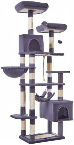 Taoqimiao Cat Tree, 71-Inch Cat Tree Cat Tower for Indoor Cats, Plush Multi-Level Cat Condo with 10 Scratching Posts, 2 Perches,Basket, 2 Caves,Hammock, 2 Pompoms,MS020G Beige Smoky Gray