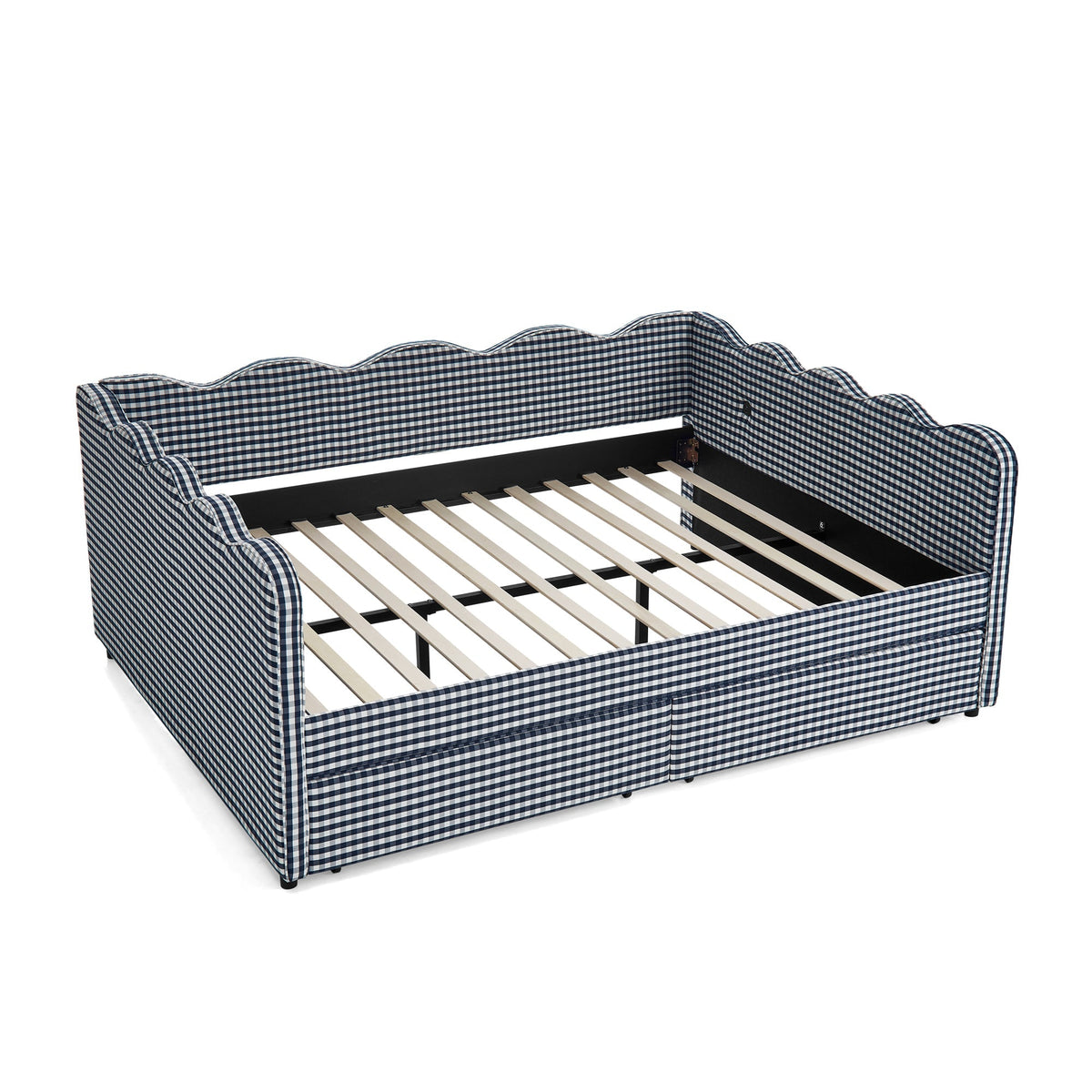 Queen Size Cozy Gingham Daybed with Two Storage Drawers and USB Port