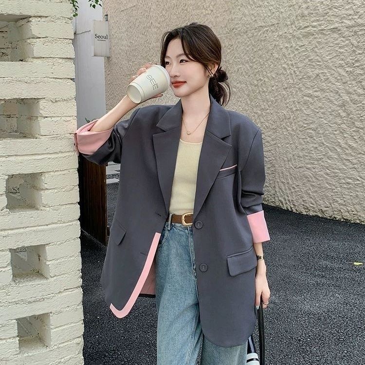 Gray Fashionable Patchwork Color-Block Blazer
